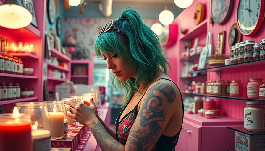 Tattooed woman in pink boutique examining merchandise, showcasing impact of tariffs on Colorado economy.