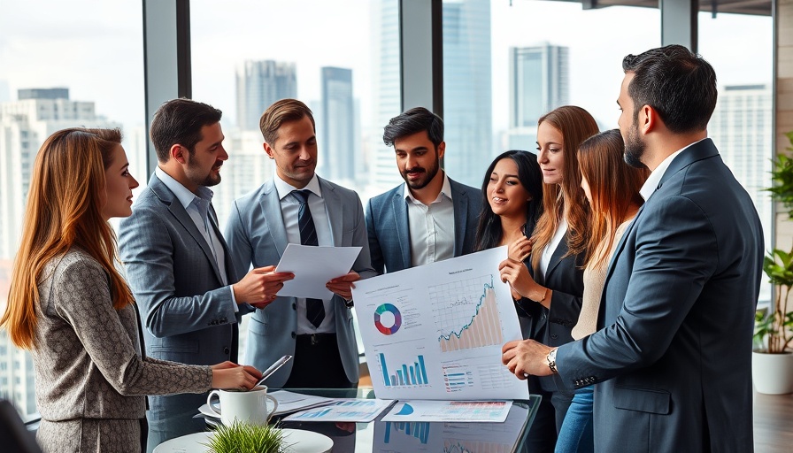 Group of professionals analyzing real estate market trends in a modern office.