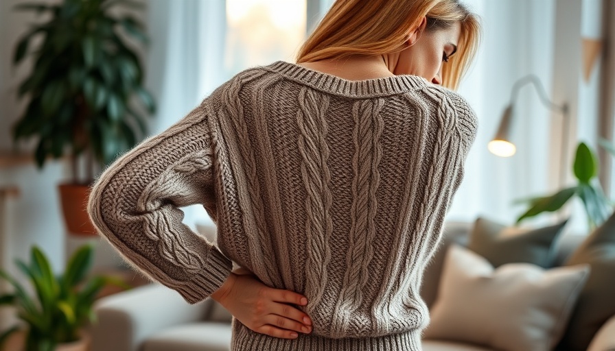 Woman experiencing lower right back pain in a cozy living room.