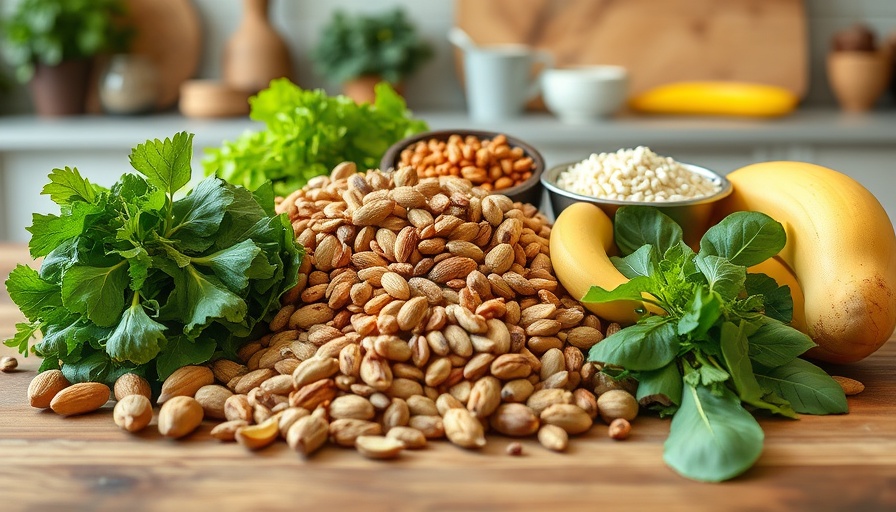 Boost your vitamin E intake with nuts, seeds, and greens arranged on a table.