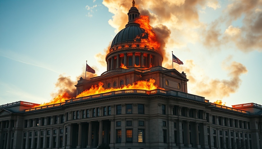 Kyiv government building hit by fire, smoke rising in dramatic scene.