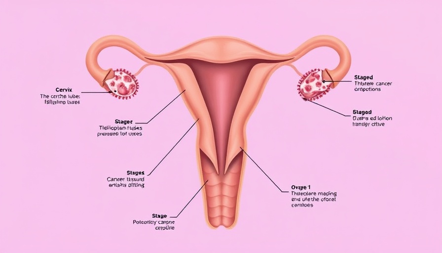 Uterine cancer stages illustration showing progression from stage 1 to 4.