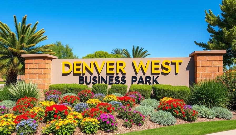 Denver West Business Park entrance with flowers and greenery.