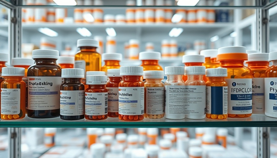 Prescription pill bottles in a pharmacy shelf, related to poison center calls.