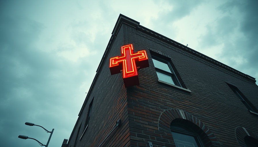 Neon cross sign on brick building for Denver rapid rehousing solutions.
