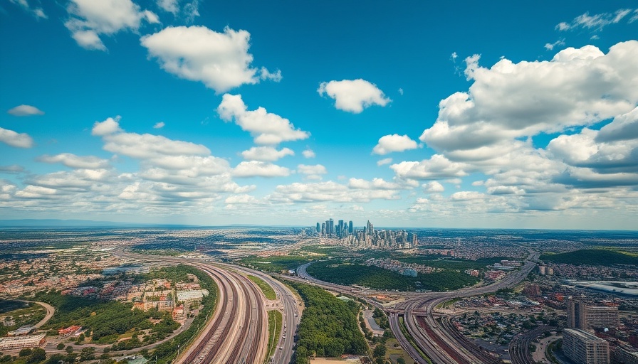 Urban landscape with roads and railways, potential stadium area in Denver, under blue sky, Denver Broncos stadium plans.