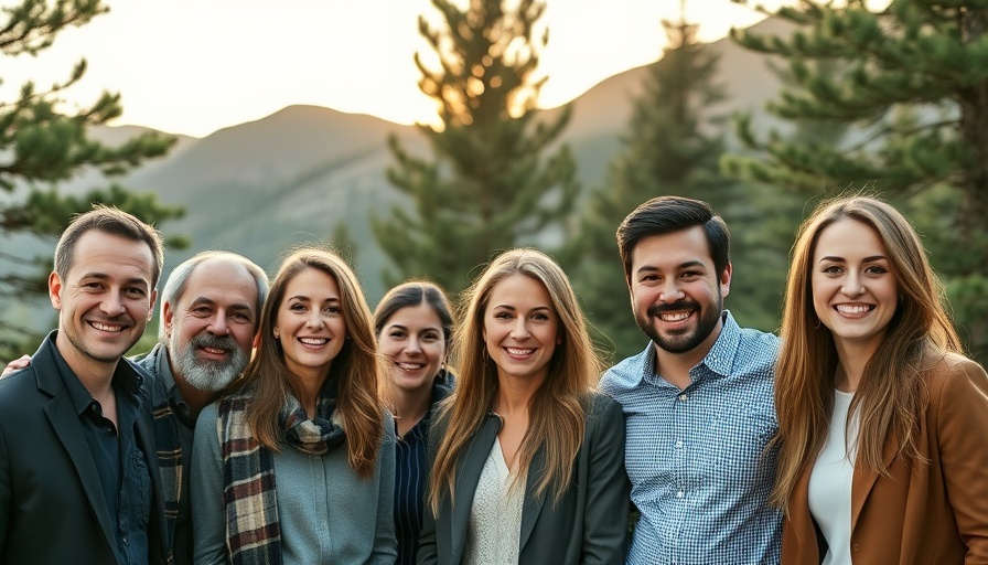 Group of smiling professionals outdoors at sunrise, Denver business news.