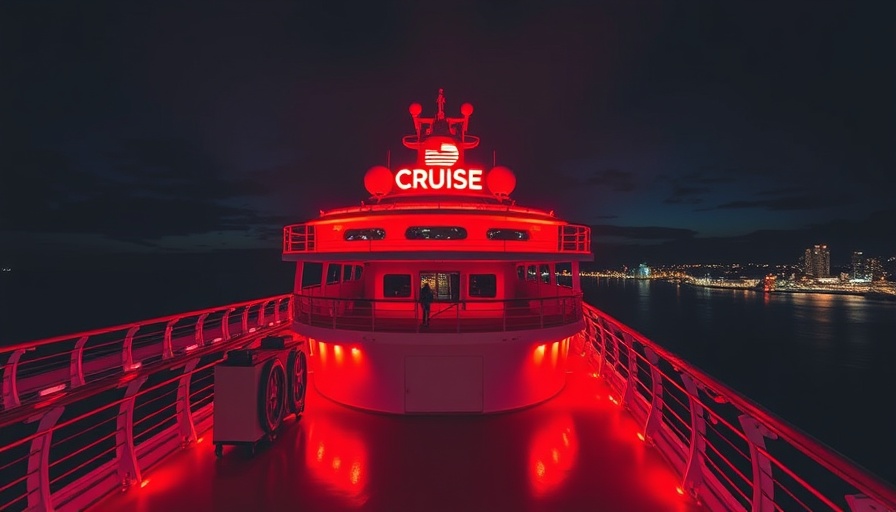 Brilliant Lady Virgin Voyages ship deck at night with red lighting.
