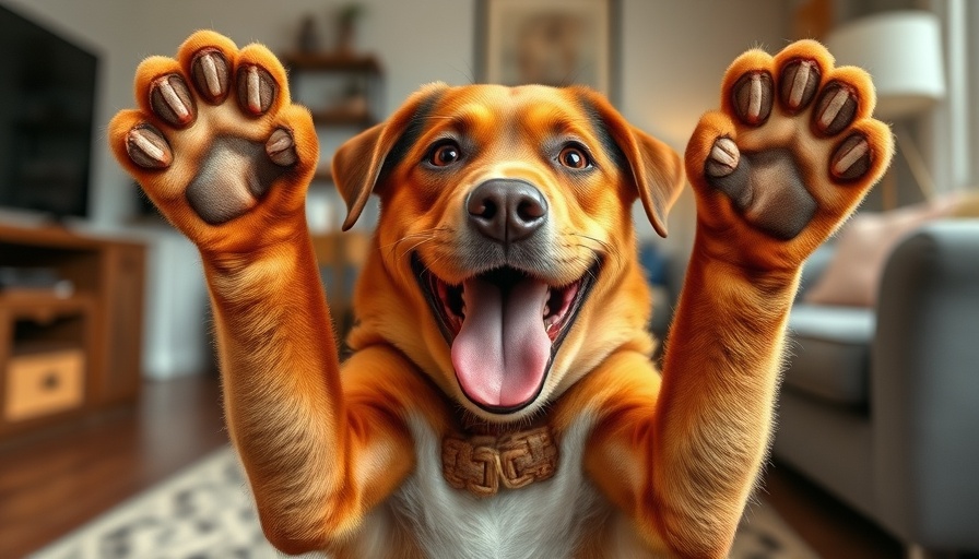 Happy brown dog in a Denver living room raising paws, excited expression.
