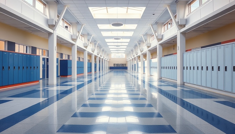 Evergreen High School empty hallway with blue and gray floors.
