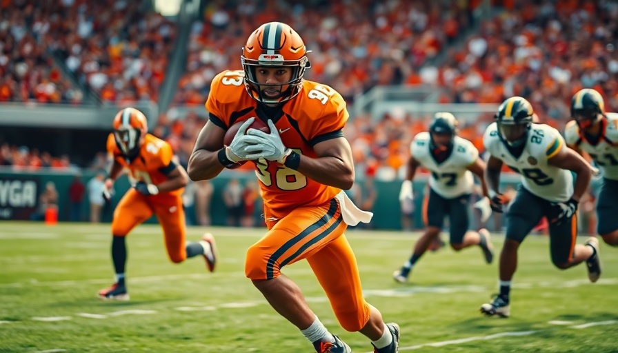 Football action at Denver stadium featured in local news.