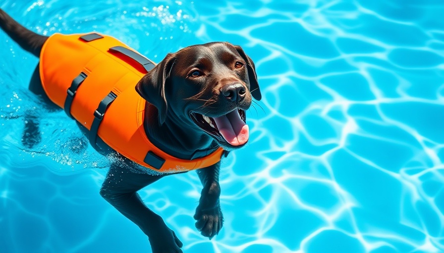 Dog pool safety Denver: Labrador in pool with life jacket.