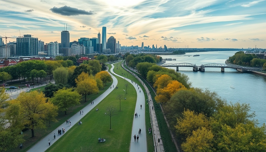 Aerial view of park and river near Denver city skyline.