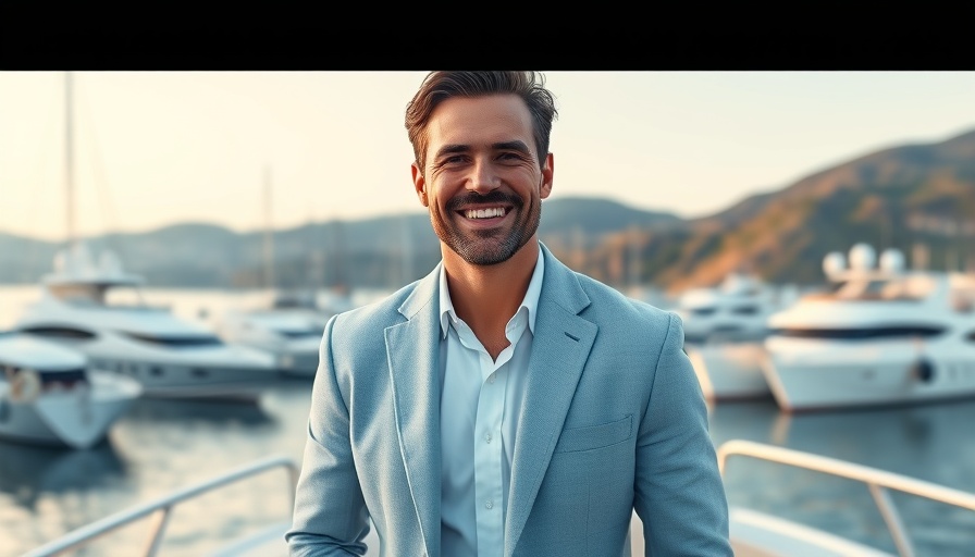Smiling man in blue blazer on yacht in scenic marina.