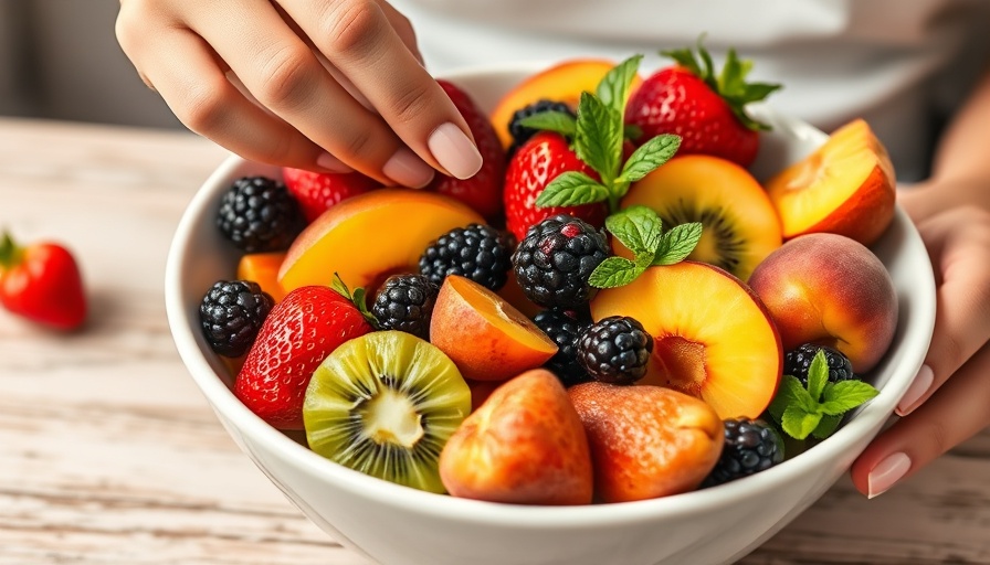 Vibrant fruit bowl with woman's hand adding mint for daily fruit servings.