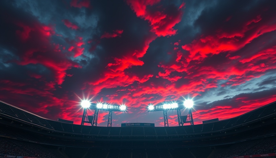 Illuminated stadium lights against a dramatic evening sky, Colorado high school football scores.