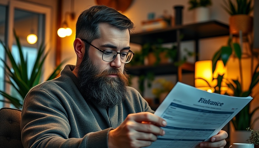 Bearded man reviewing mortgage documents at home.