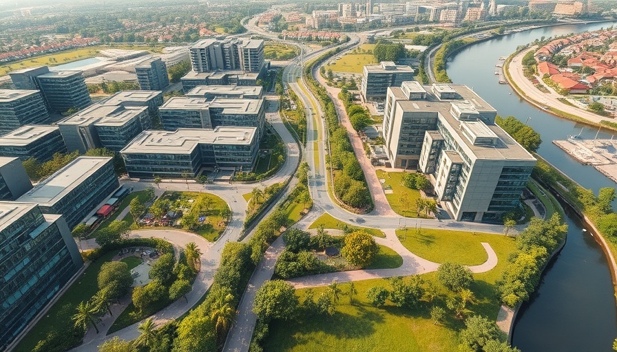 Aerial view of modern urban development in Denver, featuring sleek architecture and pathways.