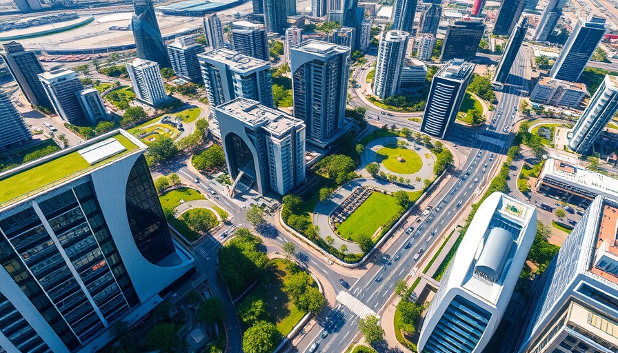 Futuristic urban development aerial view in Denver, modern buildings and parks.