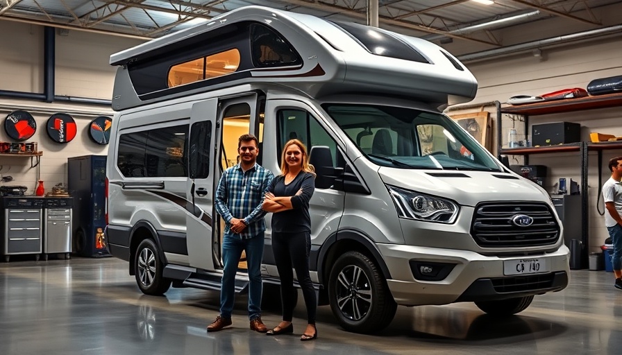 Skyloft Vans in garage with two people standing beside.