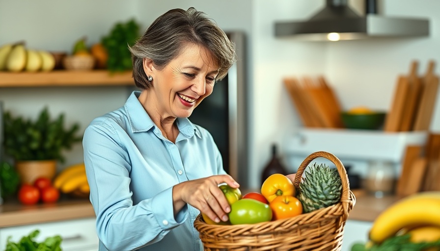 Woman arranging fruits in kitchen during perimenopause.