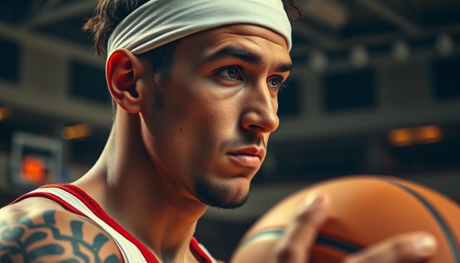Tattooed athlete focusing in indoor stadium