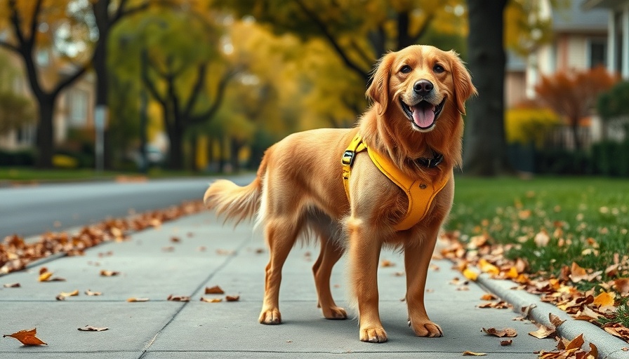 Golden retriever on sidewalk wearing yellow harness, dog walking safety in Denver.