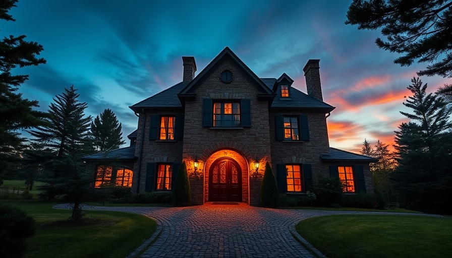 Cherry Hills Village mansion with stone facade at twilight.