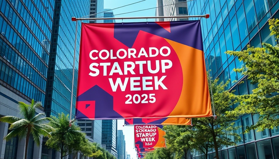 Colorado Startup Week 2025 banners in urban cityscape with skyscrapers.