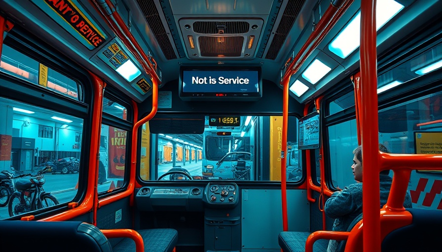 Denver bus displaying 'Not in Service' in urban garage.