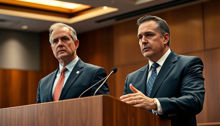 Two men in suits speaking at a conference, serious expression.