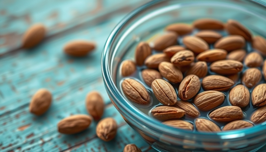 Soaked almonds in clear container on rustic turquoise table.