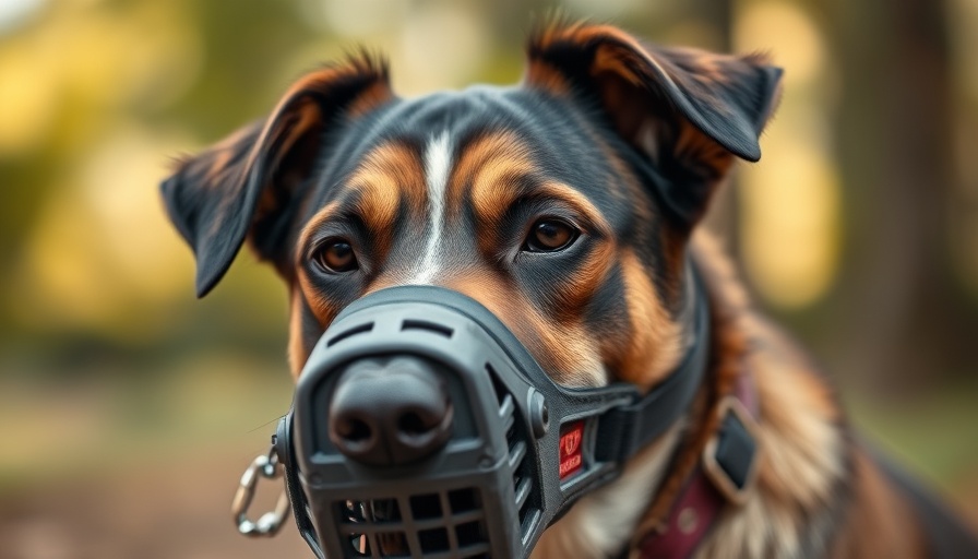 Close-up of dog wearing muzzle outdoors, dog muzzle safety