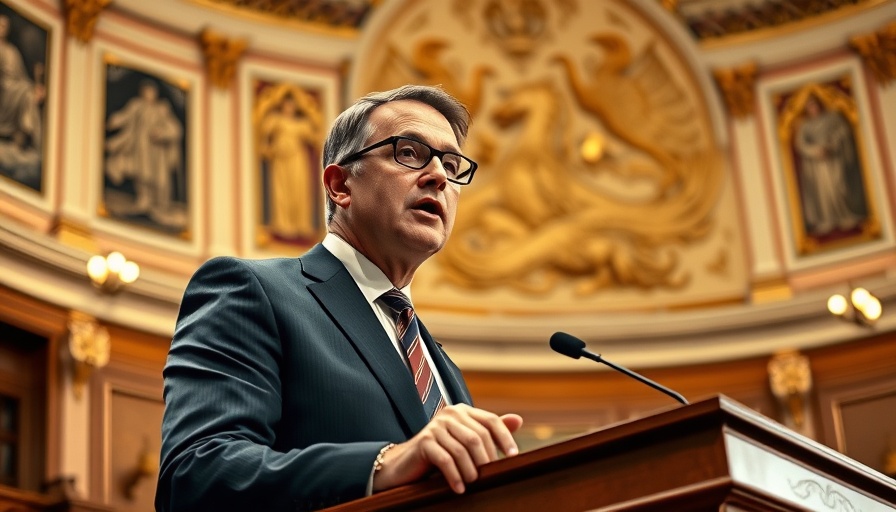Confident man speaking at Colorado podium, ornate chamber background.
