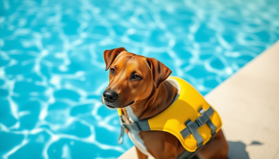Dog safe around swimming pool wearing life jacket