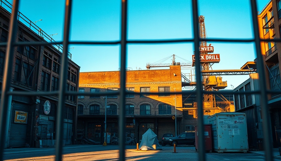 Denver Rock Drill viewed through a fence, urban industrial area.