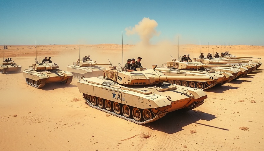 Israeli tanks in a desert landscape with soldiers.