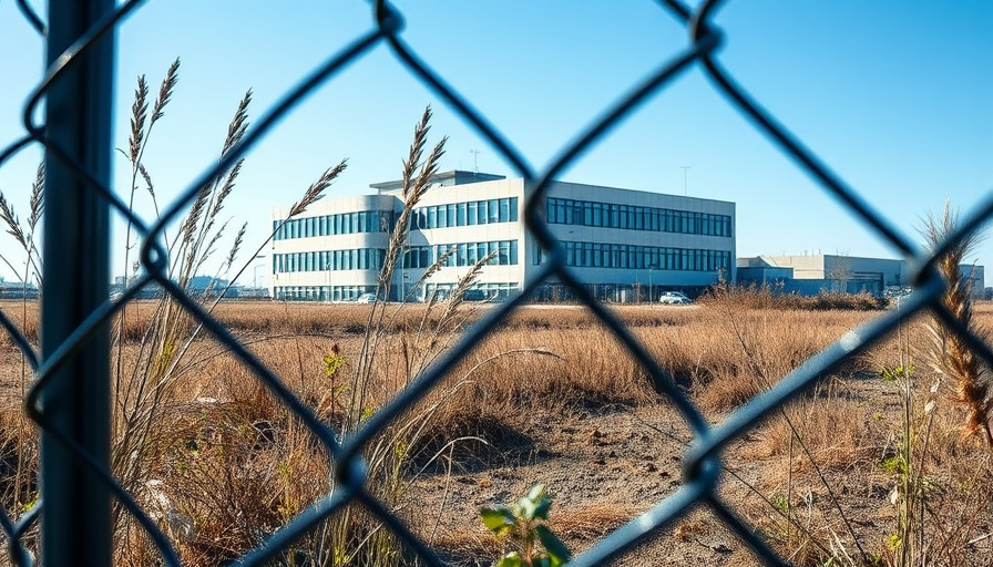 Modern office building in Denver, business area viewed through a fence.
