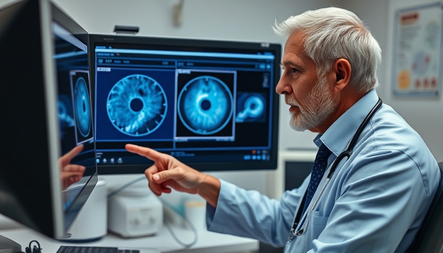 Doctor reviews noninvasive retinal scan data for heart disease detection.