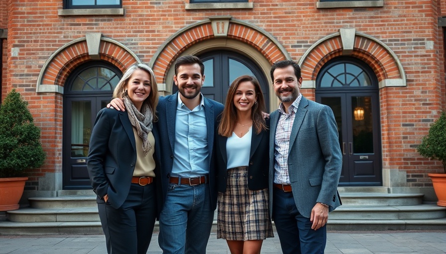 Group of people posing in front of a historic building.
