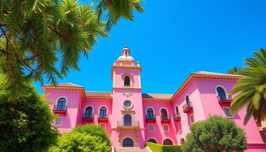 Casa BOOnita Halloween pop-up location with pink tower and trees.