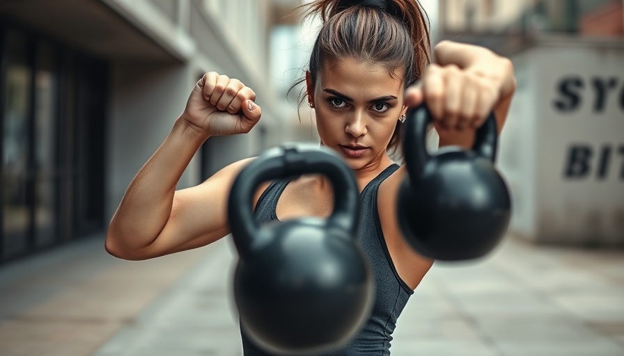 Female athlete lifting kettlebell outdoors to build muscle faster.