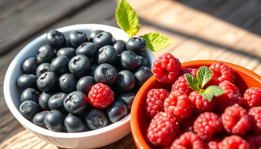 Vibrant blueberries and raspberries in bowls, healthiest fruit for breakfast.