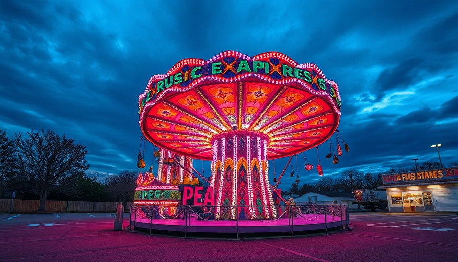 Vibrant Music Express ride lit against a cloudy sky, Wisdom Rides Bankruptcy