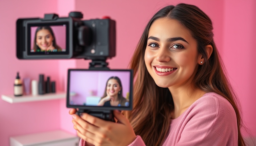 Young woman creating a video blog about financial advice in a pink room.