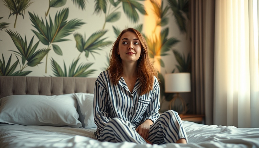 Woman feeling dizzy when waking up, sitting on bed, morning light.