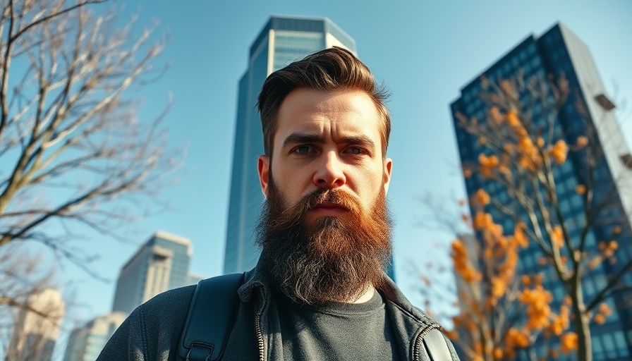 Denver business news: man in front of skyscrapers, clear sky.