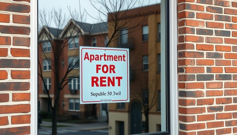 Apartment for rent with sign in Denver window, suburban backdrop.