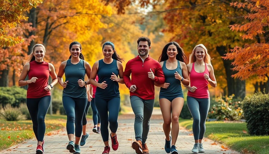 Group walking workout in autumn park for better fitness
