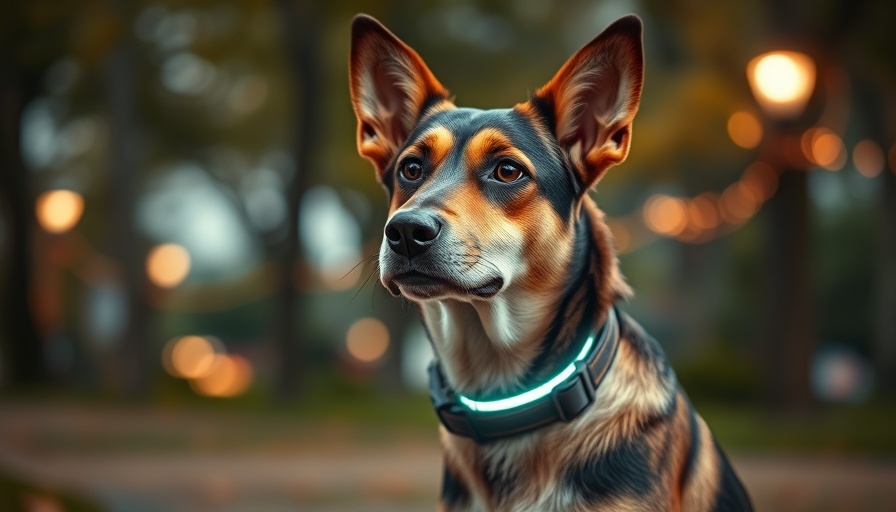 Dog with glowing safety collar in park at dusk, best dog safety light.